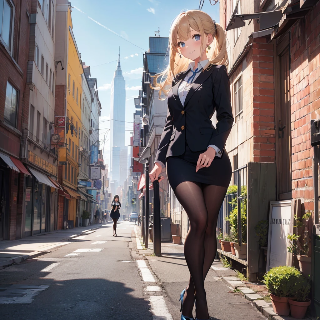 ((({best quality}, {{masterpiece}}, {highres}, original, extremely detailed 8K wallpaper, 1girl, {an extremely delicate and beautiful},))),((cityscape)),solo,1girl, {an extremely delicate and beautiful},long_hair,blonde_hair,half updo,green_eyes,smile,((standing))sweet smile,((beautiful detailed eyes)),office lady suit,sheath dress,pantyhose,high heels,ribbon,earrings,necklace,