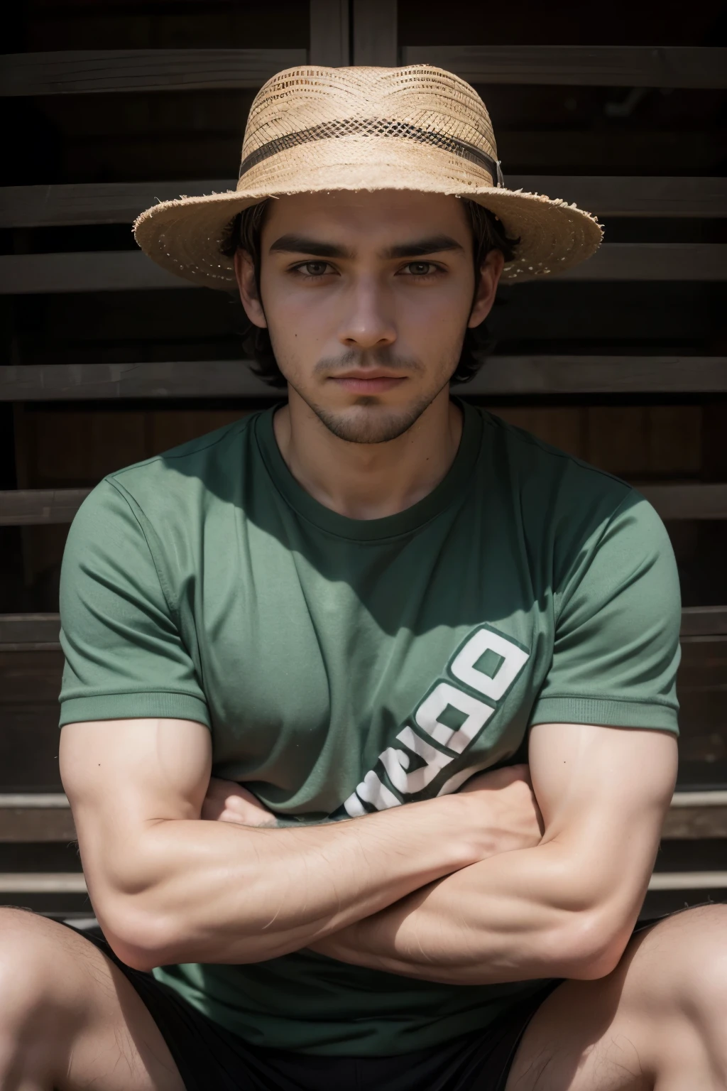 Make a cartoon of a man from Rio Grande do Sul, arms crossed and wearing a hat .