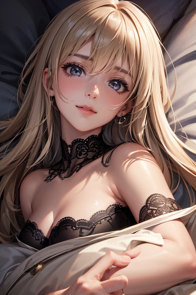 (Best Quality,High resolution,8K,finelity detailed background,Masterpiece:1.2),beautiful girl,Shiny khaki hair,messy hair,khaki eyes,Gentle look,A refreshing look,Best quality,Best Quality,Aesthetic and aesthetic:1.2,Best details((Super detailed))(High-definition CG illustrations),Black underwear (black,intricate lace),bodystocking,Slender body,Late Night,Moonlit Night,Bedroom,On the bed,smile,blush,cute,Scrounge,Looking up,Being spoiled,super model,on back,shoot from below
