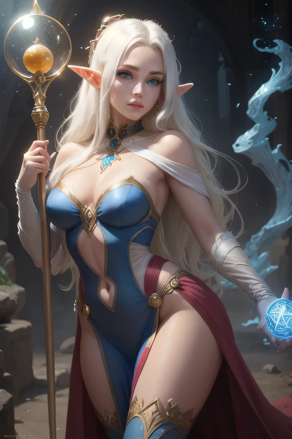 Elf girl, blonde, White hair, Blue eyes, enchantress, staff with a magic stone, Magician's clothes
