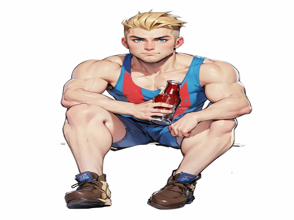 boy, 19 years old, very handsome, beautiful face, blue eyes, blond hair, shaved on the sides, visible muscles, thin beard and sideburns, sitting with a beer in his hand, looking