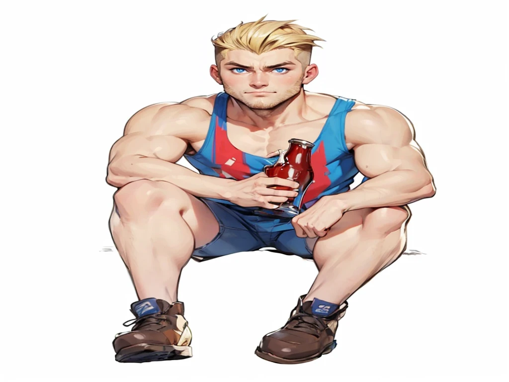 boy, 19 years old, very handsome, beautiful face, blue eyes, blond hair, shaved on the sides, visible muscles, thin beard and sideburns, sitting with a beer in his hand, looking