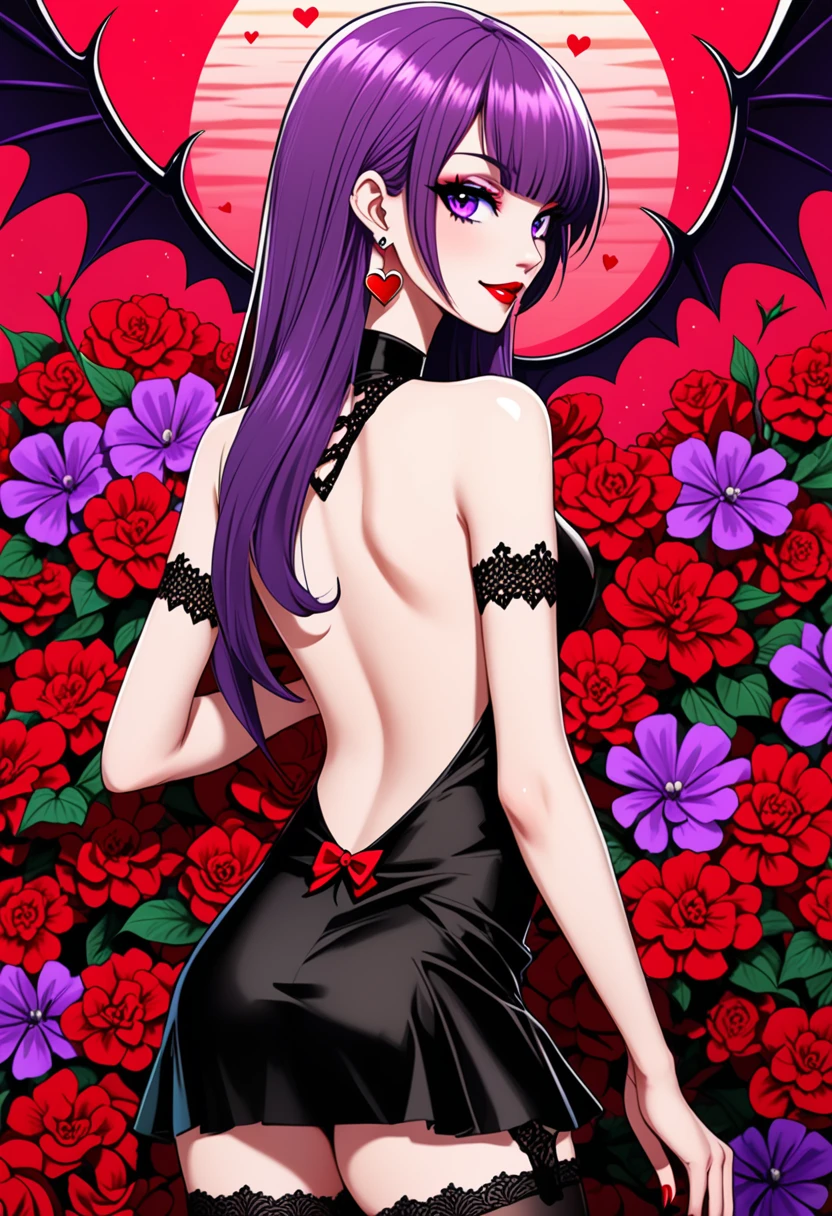 (anime, masterpiece) intricate, from behind, summer sea aestetic background, comics_darkstalkers_morrigan_aensland, 1girl, Slender hips, slim stomach, thin waist, sexy posing, back view, aesthetically pleasing rear view, looking at viewer, medium breasts, slim body, long hair, violet hair, violet eyes, skimpy mini black silk dress with black garter stockings, symmetrical stocking size, heart shaped earrings, girly decorations, solo, flowers, modest smile, bright red lipstick, painted nails red