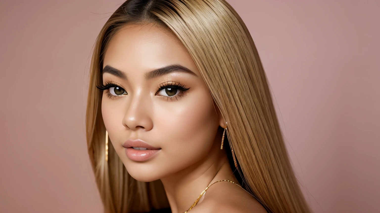 A breathtakingly beautiful and eye-catching 20-year-old, mixed-race Asian and Latina babe, with a uniquely captivating presence. Her spiced gold blonde hair thick and lustrous, accentuating her Barbie-Doll pale diamond face, slim turned-up nose and full provocative lips. Her natural eyebrow arches elegantly above captivating large green eyes that seem to sparkle with an inner light, while her flawless, smooth pale skin is the perfect canvas for a pair of cute and defined angelic dimples. Her full and firm high cheekbones frame her stunning Asian features, leading down to a sharp, well-defined jawline a cute, well-contoured neck and a perfect cleavage.