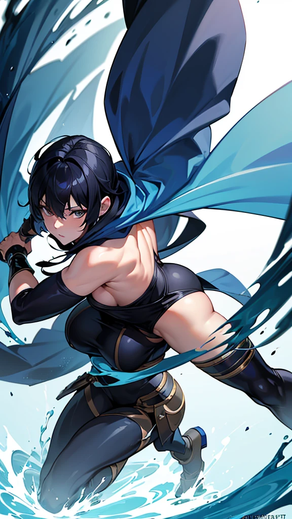 (masterpiece, 4K ,Super detailed:1.2), (anime:1), Dynamic posture, Strong women, Female Fighter, Blue short hair, Wearing a hood, tall, Full body side view, View Viewer, Pure white background