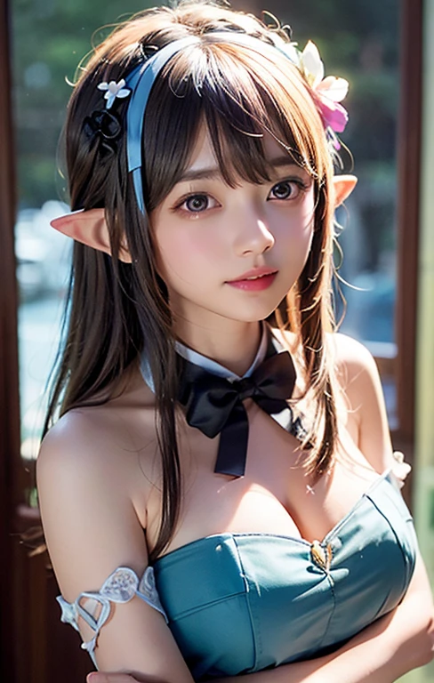 ((Beautiful Face:1.4)), (Purelos Face_v1: 1.0), Half Body,((White simple background)),Super detailed beautiful elf girl 30 years old. ((Ultra-high resolution:1.2)), 4K, 8K, Cinematic,(Natural big breasts:1.4)