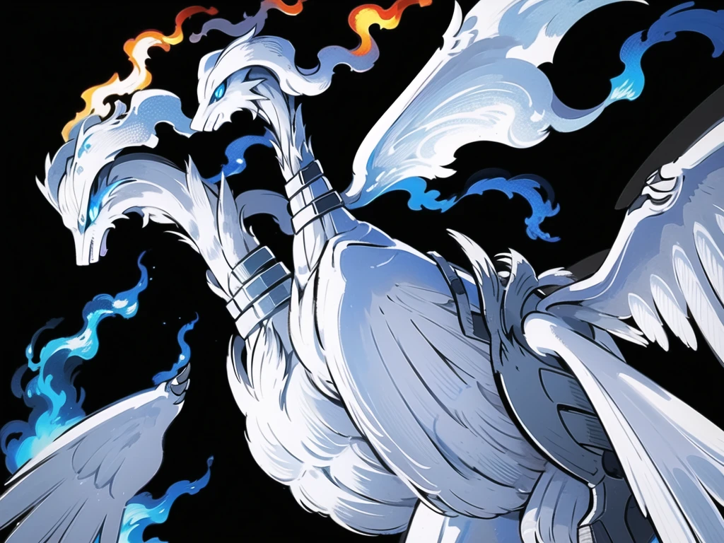 ((masterpiece,best quality)), absurdres,
,
Reshiram, 
blue eyes, blue fire, claws, fire, from below, grey background, no humans, simple background, glowing eyes,