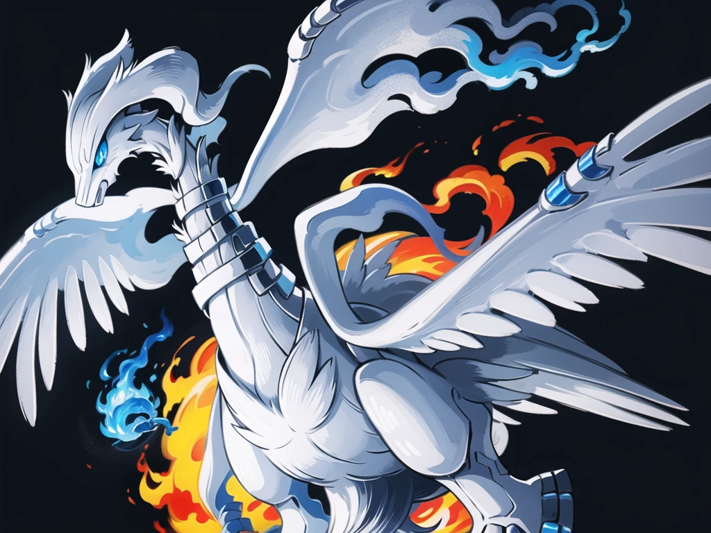 ((masterpiece,best quality)), absurdres,
,
Reshiram, 
blue eyes, blue fire, claws, fire, from below, grey background, no humans, simple background, glowing eyes,