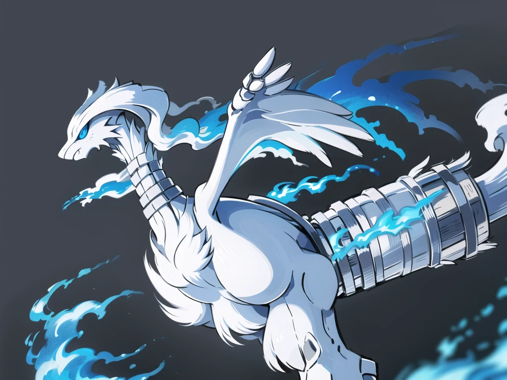 ((masterpiece,best quality)), absurdres,
,
Reshiram, 
blue eyes, blue fire, claws, fire, from below, grey background, no humans, simple background, glowing eyes,