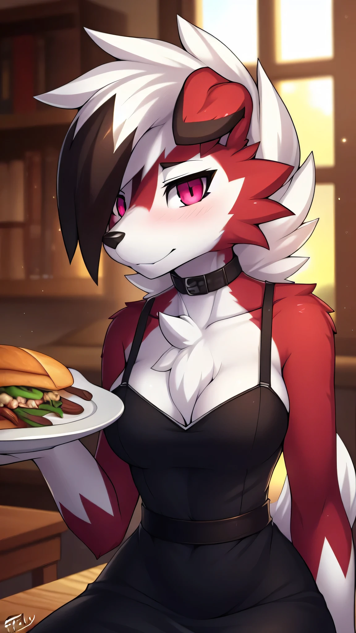 By zinfyu,by twistedscarlet60, uploaded on pixiv, by fluff-kevlar, (masterpiece), (best quality), (solo female:1.2), (extremely detailed:1.3),(detailed eye,black circle on eye,pink eye), lycanroc midnight, view on viewer, close view, shy face, half body on potrait, only body and head, close view, wearing black dress,in dining room, serving food, (tail:1.1), closeup photo of lycanroc, adult body posture, has flower on her head