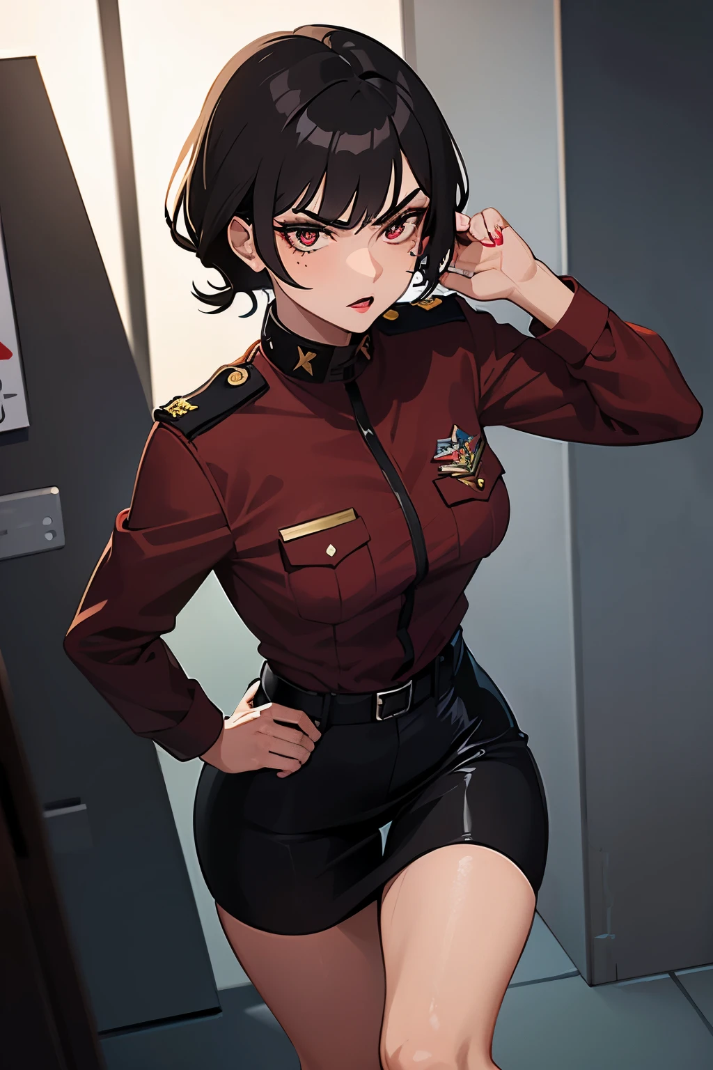 Masterpiece 
A dark haired tan female cop, she’s her uniform, she has a small scar on her eyebrow, she looks angry. She’s has a sharp face with red lip stick