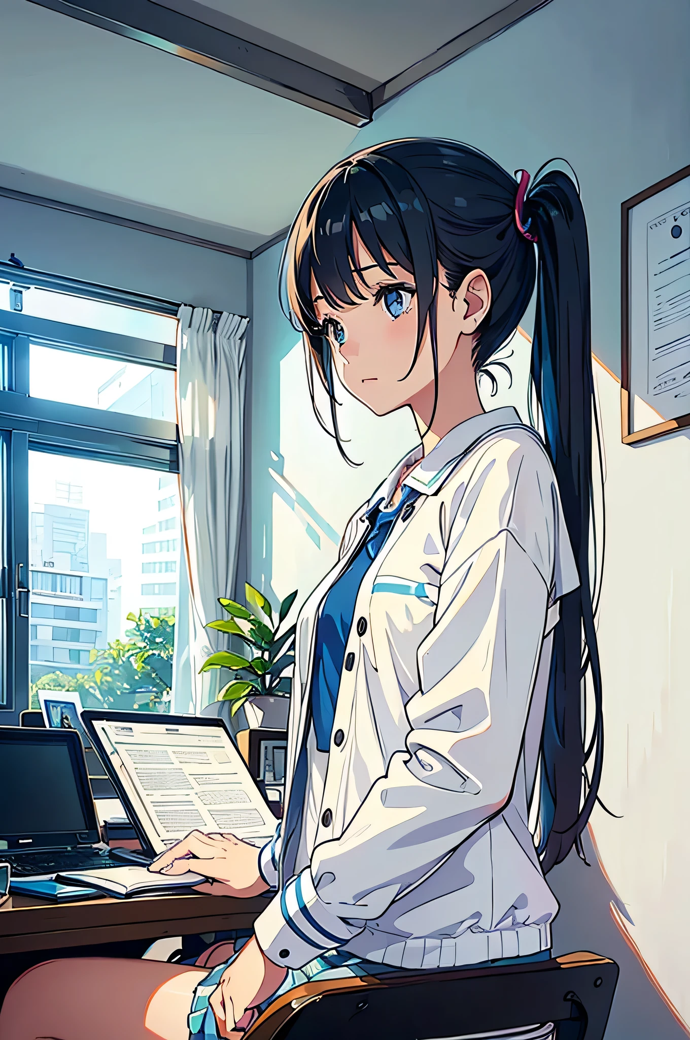 A neat and clean girl studying in her room while listening to music on a rainy day