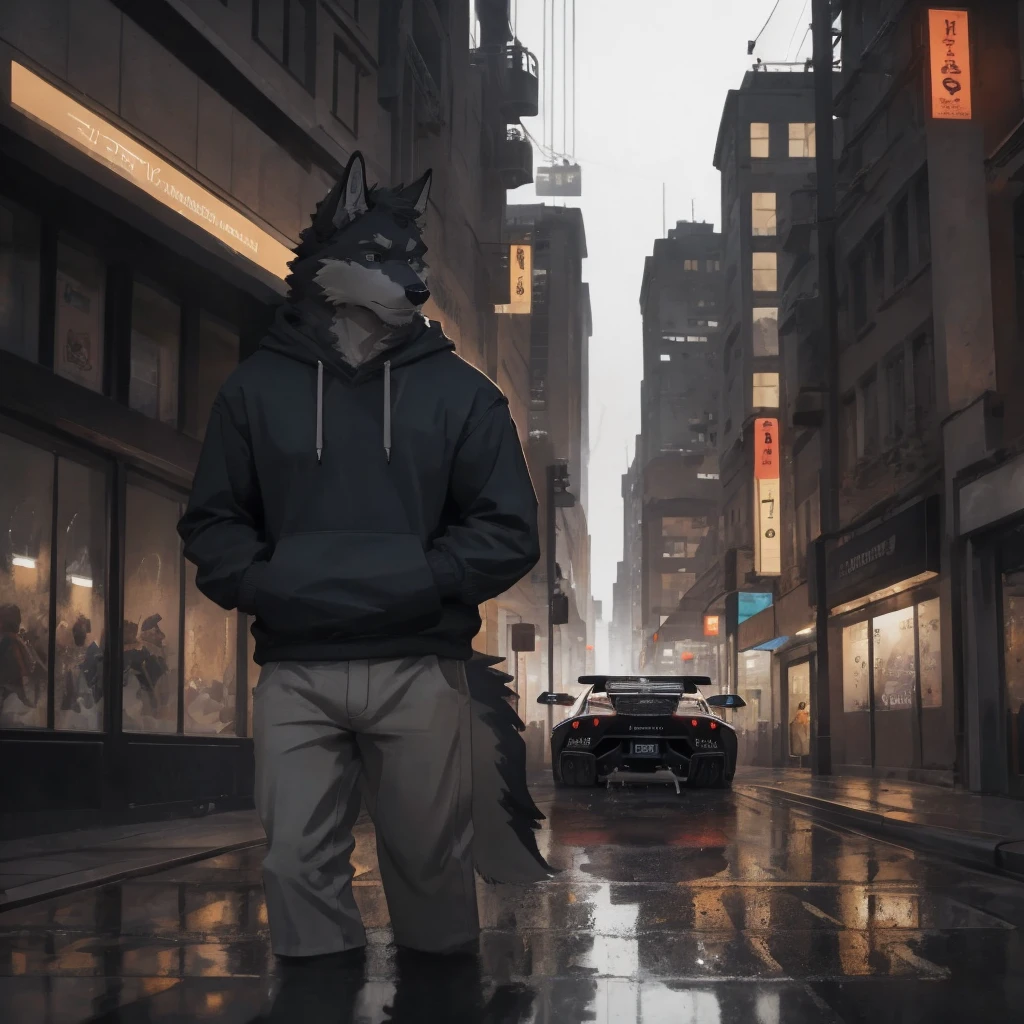 Male, males, wolf, black fur, white fur, short hair, 20 years old, hoodie, night, public, city streets, Lamborghini Aventador, rain, water drops, dramatic effect, dramatic light, shadow, shade, higlight, high quality, high details, High detailed image, high quality image, Very detailed shadows, high detail shadows, high details 