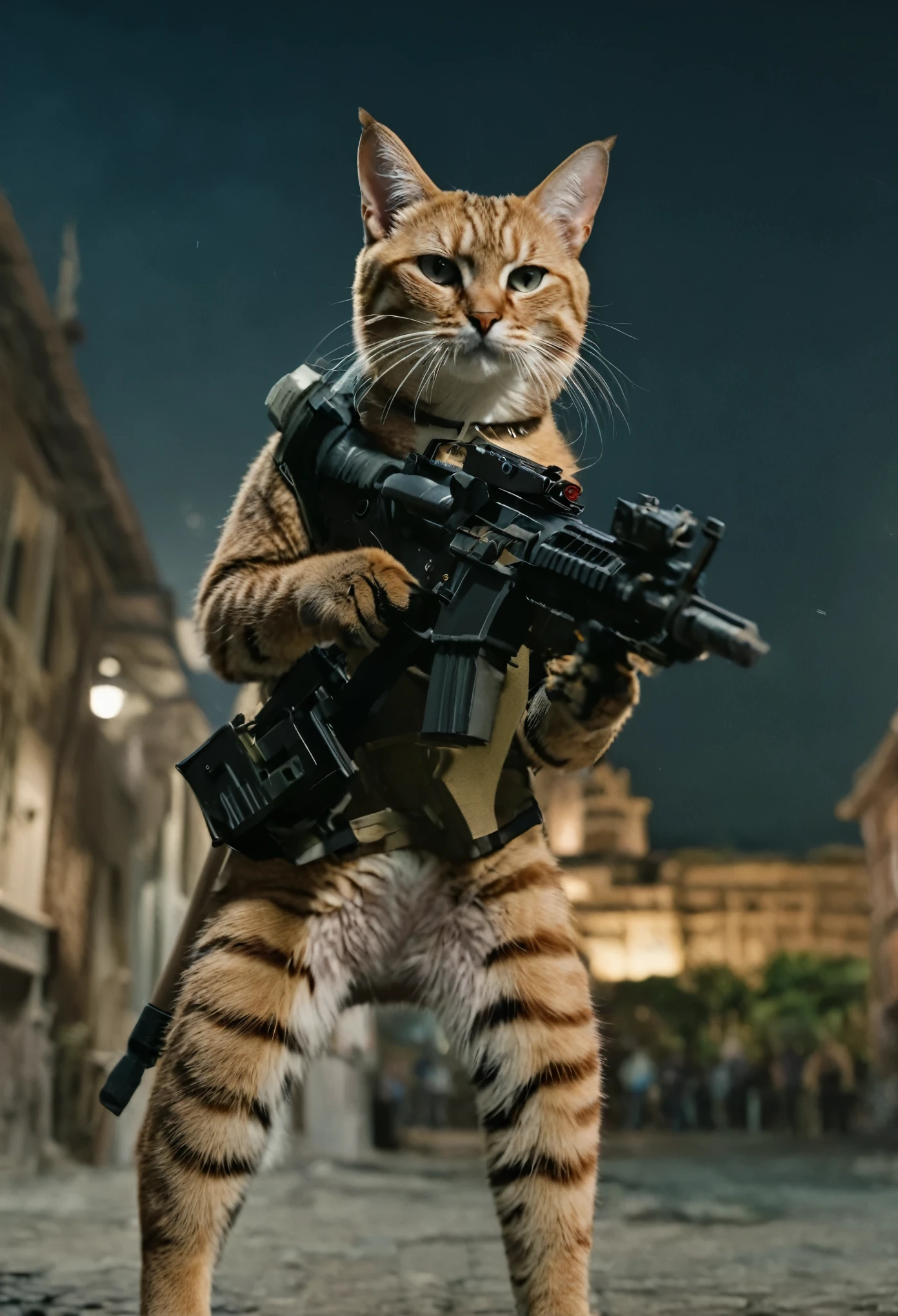 It stands on its hind legs,((A fierce cat animal holding a rifle in his hands)). breathtaking shot,movie action still frame,cinematic shot!, city backdrop, night.