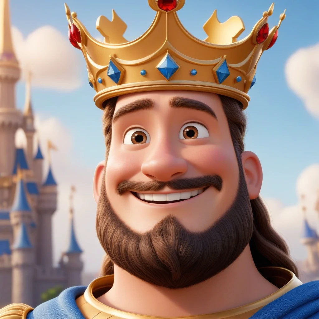 The character is a king, вдохновленный Disney Pixar, He wears a crown, smiling, (side view), one character is shown in front and profile  