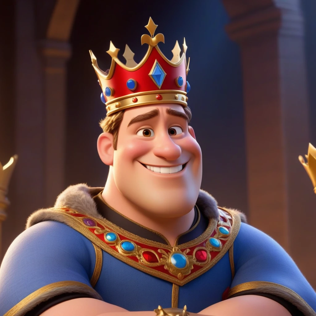 The character is a king, вдохновленный Disney Pixar, He wears a crown, smiling, (side view), one character is shown in front and profile