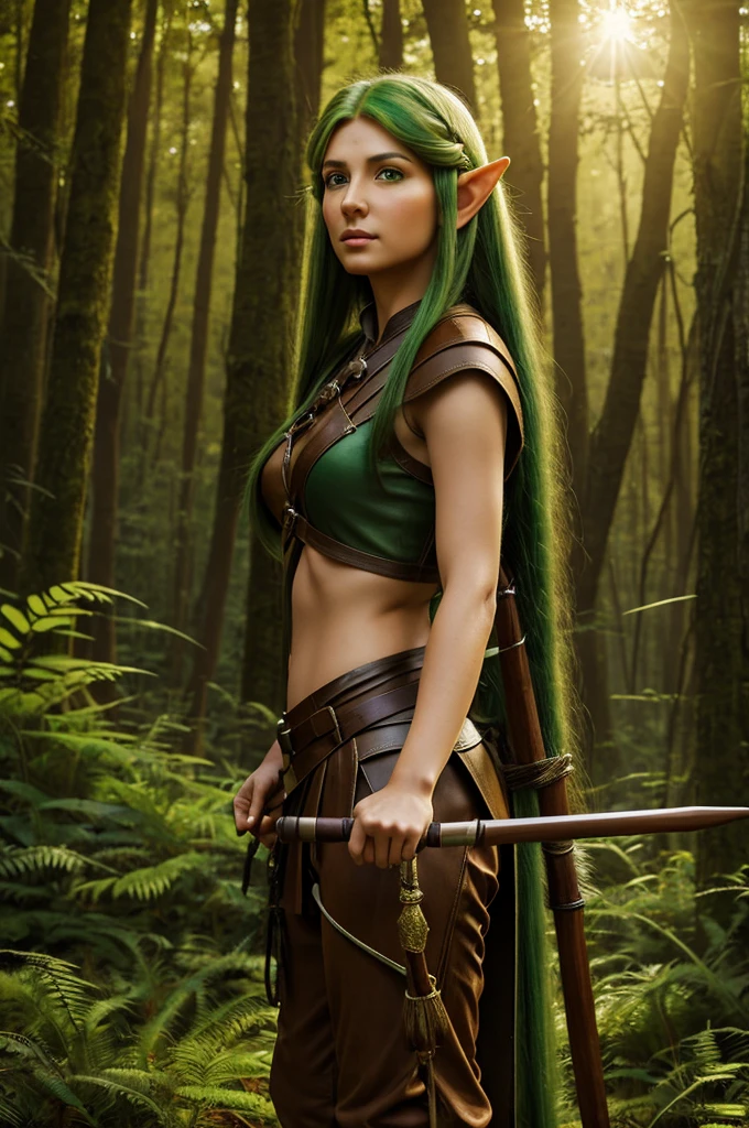 A young female elf archer with long green hair and emerald eyes, wearing a brown leather tunic and pants, holding a longbow, standing in a lush forest at sunset, digital art