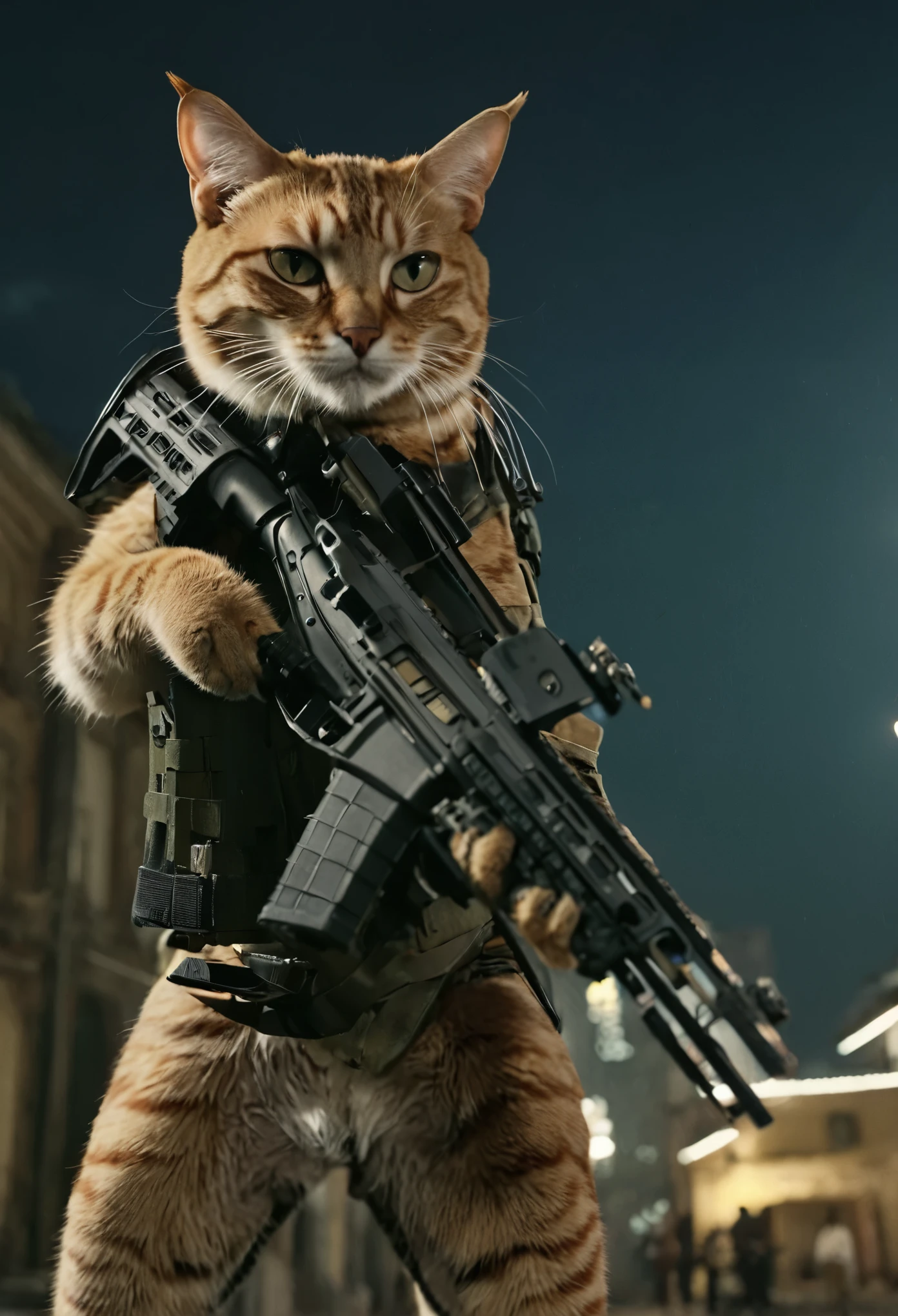It stands on its hind legs,((A fierce cat animal holding a rifle in his hands)). breathtaking shot,movie action still frame,cinematic shot!, city backdrop, night.