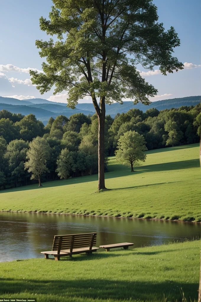 2 trees that are in the middle of a meadow in the middle of the image, and below them is a bench, in front of a river with a forest in the background