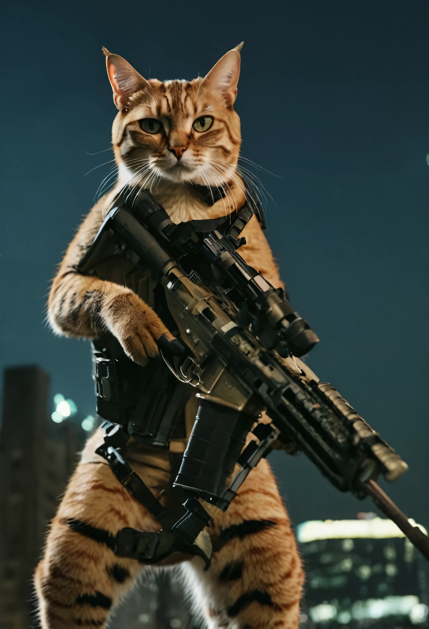 It stands on its hind legs,((A fierce cat animal holding a rifle in his hands)). breathtaking shot,movie action still frame,cinematic shot!, city backdrop, night.