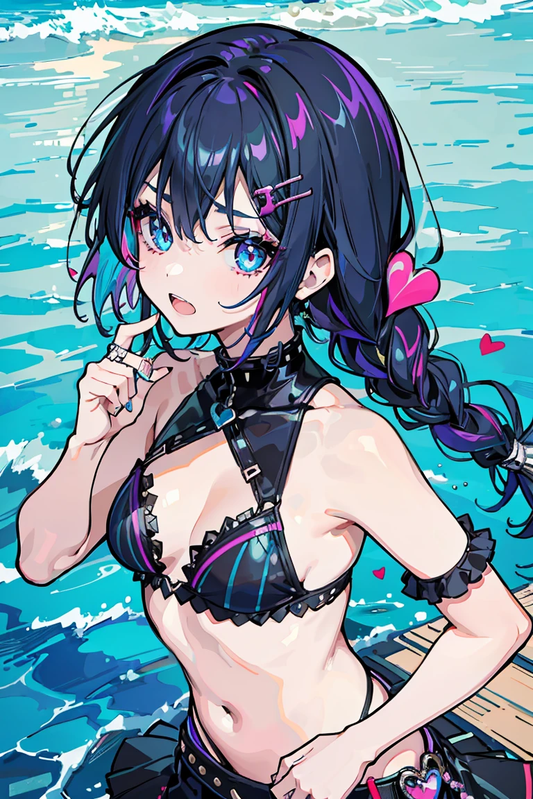 1 Girl, Punk Makeup, (hair ornaments),(Showing teeth),mischief, Punk Fashion,Swimwear, The background is the sea, Rough poses, Colorful clothes, Black and blue hair, Braiding, Gentle expression, Beautiful expression, Sparkling Blue Eyes, (Hearts in eyes), 18-year-old, Colorful Hair, Messy Hair, Romanticism, modern art, Impressionism, reflected light, 8K, masterpiece, Advanced Details, Highest quality,