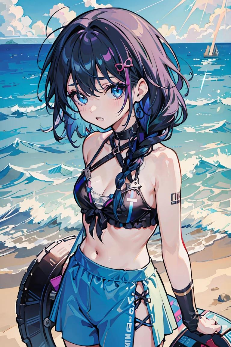 1 Girl, Punk Makeup, (hair ornaments),(Showing teeth),mischief, Punk Fashion,Swimwear, The background is the sea, Rough poses, Colorful clothes, Black and blue hair, Braiding, Gentle expression, Beautiful expression, Sparkling Blue Eyes, (Hearts in eyes), 18-year-old, Colorful Hair, Messy Hair, Romanticism, modern art, Impressionism, reflected light, 8K, masterpiece, Advanced Details, Highest quality,