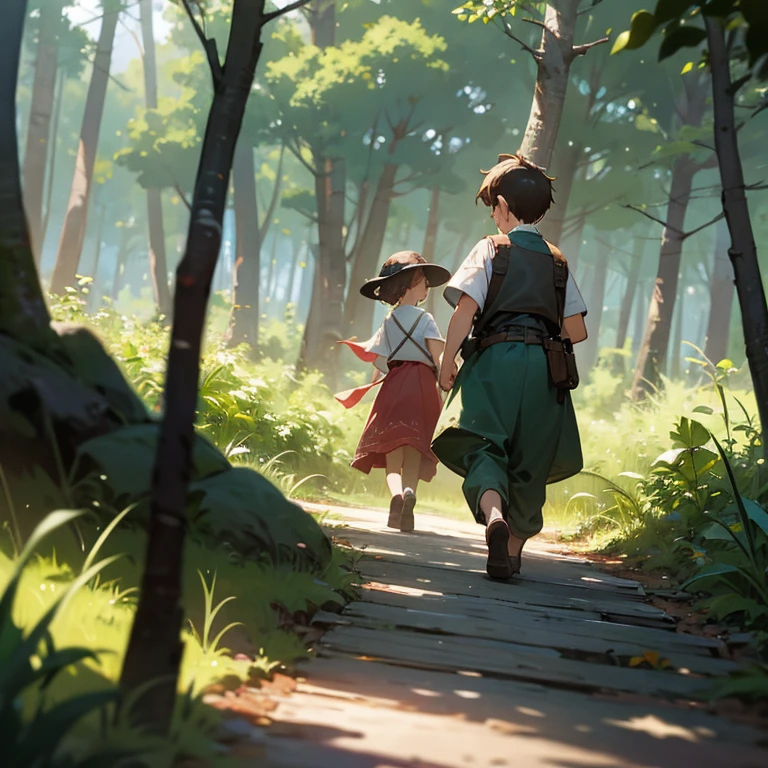 I have two children. 1 girl, 1 boy, The children are playing in the forest in summer. character focus