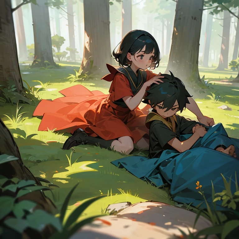 I have two children. 1 girl, 1 boy, The children are playing in the forest in summer. character focus