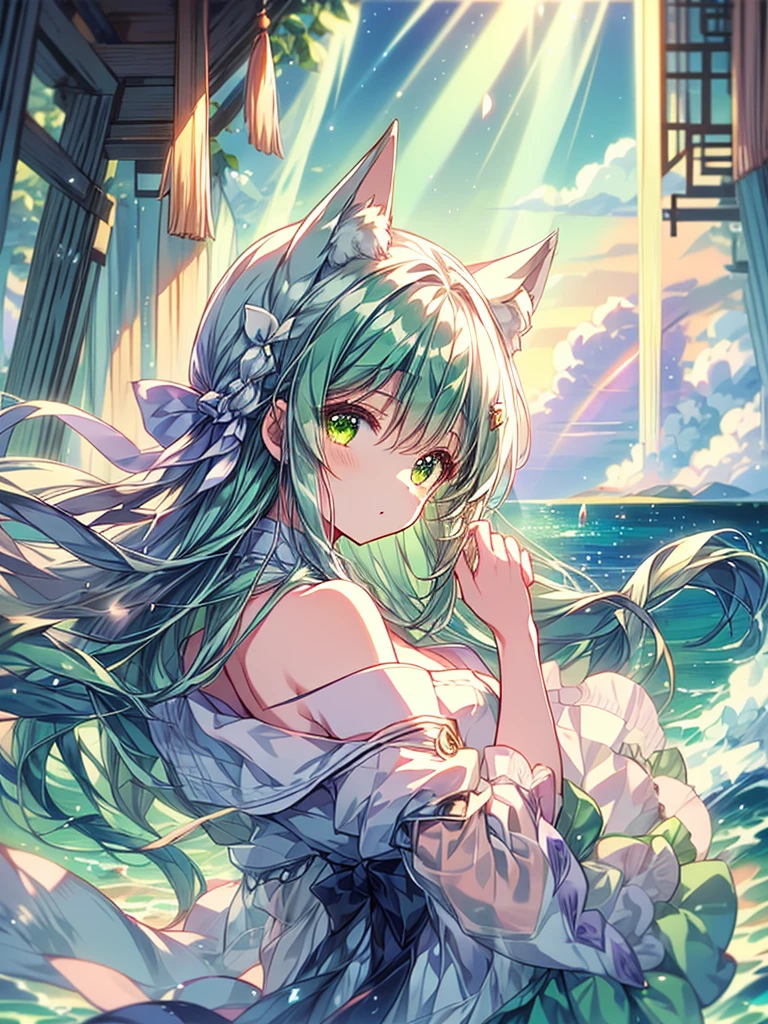 Scenery light green long hair happy Nekogirl (two neko ears and white fox tail), cute thoughtful face, white oversized shirt Off-the-shoulder, watching out of a window thoughtful, sunset, high amount of rainbow sunflare and lensflare, lots of colors, clouds. Lateral view from outside the window, face invested from colors and light, masterpiece.