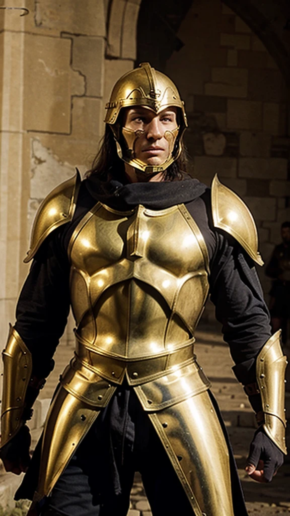 Warrior in medieval golden armor with defined muscles in a war setting