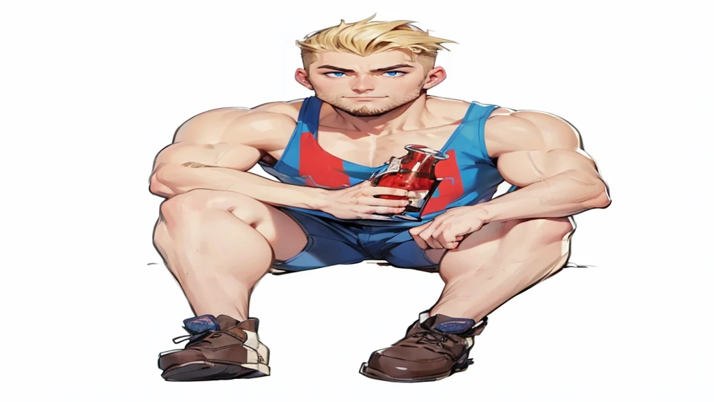 boy, 19 years old, very handsome, beautiful face, blue eyes, blond hair, shaved on the sides, visible muscles, thin beard and sideburns, sitting with a beer in his hand, looking