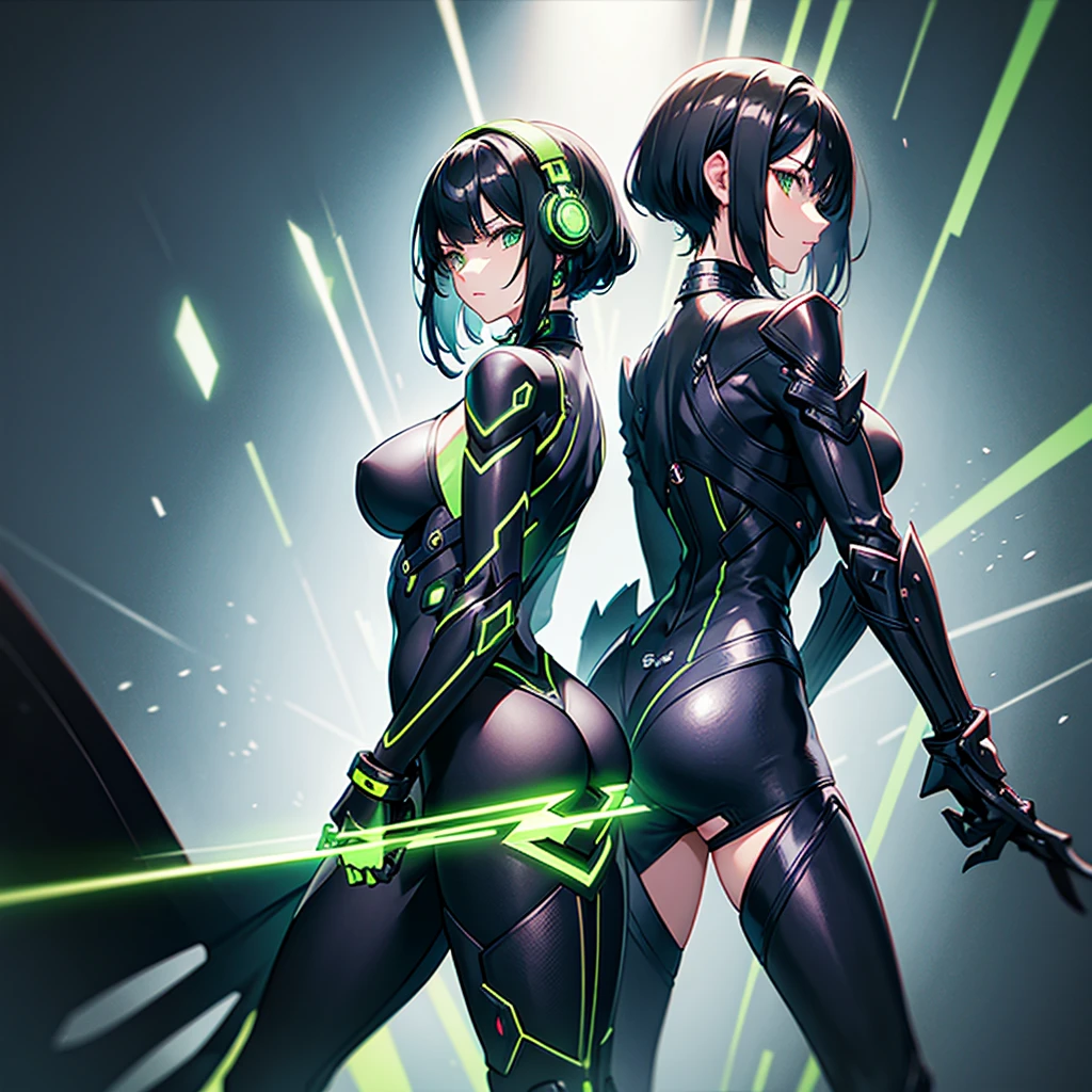 Black and green machina girl, large knuckles, thunder, short black hair, back reactor