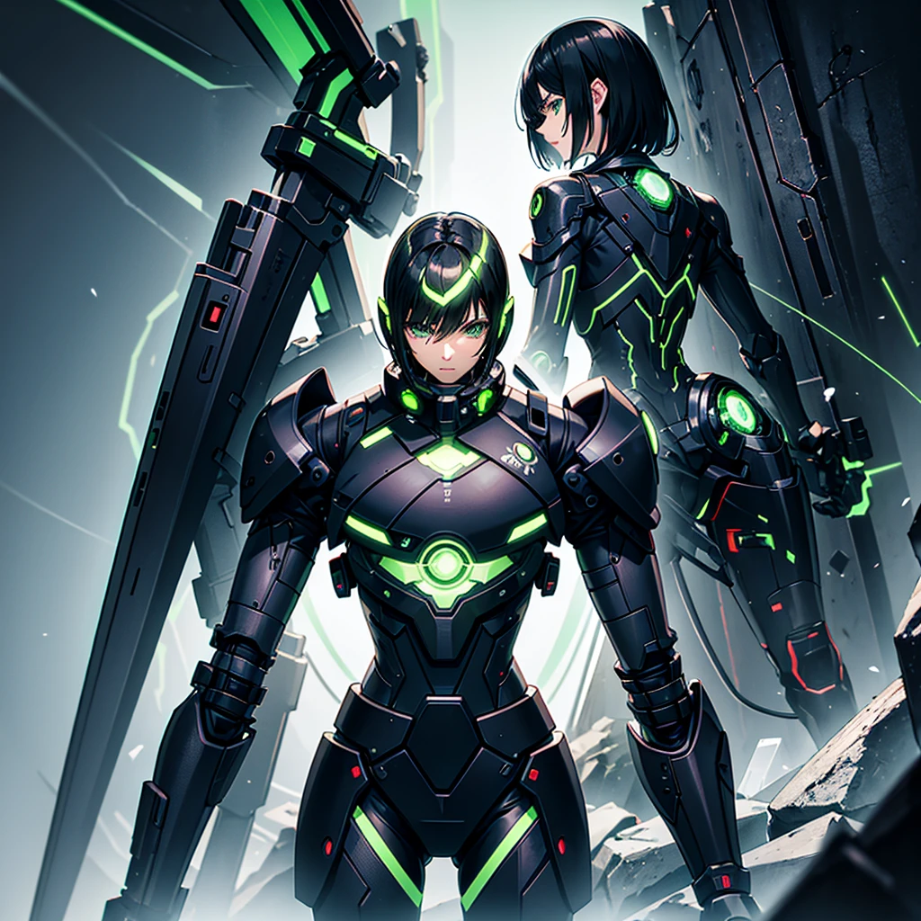 Black and green machina girl, large knuckles, thunder, short black hair, back reactor