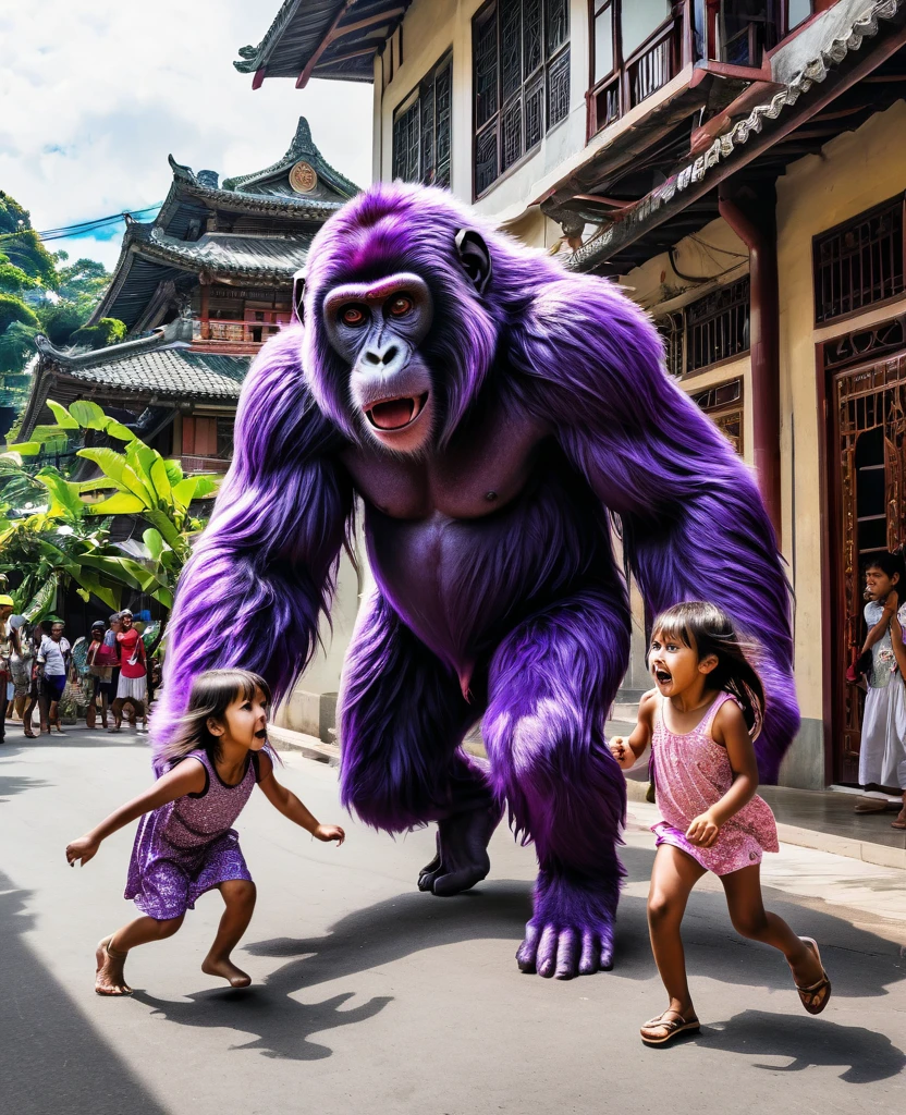 A giant scary purple monkey chasing two helpless and scared little girls