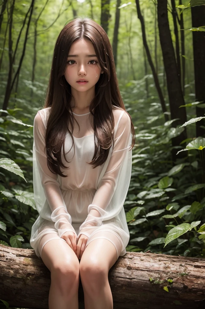  with black eye , with very long brown hair, transparent outfit,  raining,  girl crying, in a forest full of flowers,   sitting on a log 