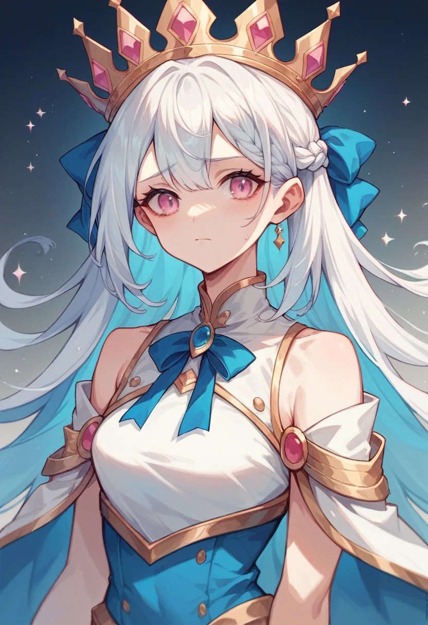 Long Hair Girl,Pure white hair,Blue inner hair, Gold crown,Deep pink eyes,silky clothes,Blue and white outfit,Light blue ribbon around the neck,Childish face
