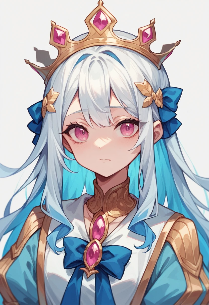 Long Hair Girl,Pure white hair,Blue inner hair, Gold crown,Deep pink eyes,silky clothes,Blue and white outfit,Light blue ribbon around the neck,Childish face