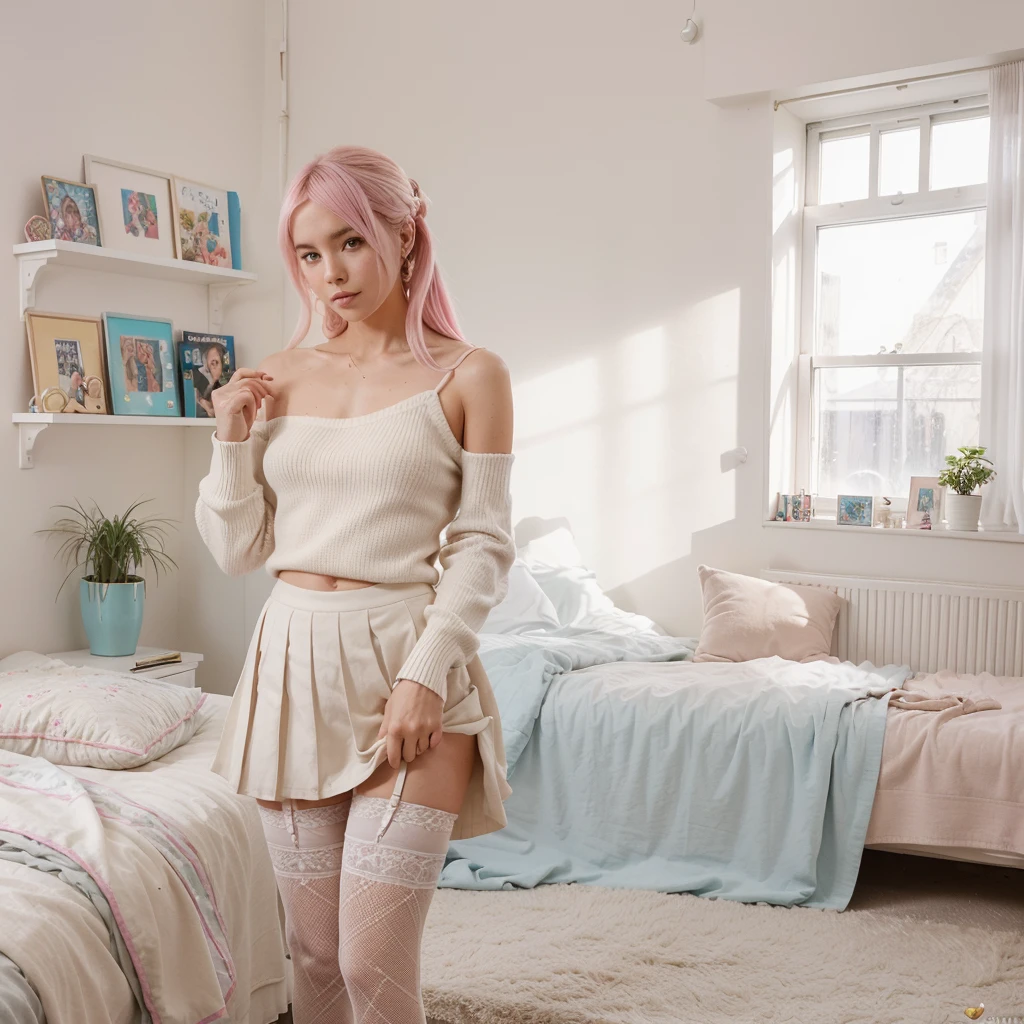 Kai Nakamura adjusted his camera, making sure the angle captured his entire outfit before joining the Discord call with his friend Corey. As the camera flickered on, it revealed Kai in his full femboy ensemble. He wore a soft, pastel pink oversized sweater that hung just off one shoulder, giving a glimpse of a delicate, lace-trimmed camisole underneath. The sweater’s length almost covered his high-waisted, white pleated skirt that swished around his thighs, adding a playful touch to his look. His legs were adorned with sheer, thigh-high stockings, secured with lace garters peeking out from beneath the hem of his skirt. On his feet, he wore stylish white ankle boots with a slight heel, completing the outfit with a blend of cute and chic.

Kai's room was a reflection of his vibrant personality and creative spirit. The walls were painted a soothing pastel blue, adorned with fairy lights that cast a warm, cozy glow. Posters of his favorite artists, including Billie Eilish, were carefully arranged alongside prints of anime characters and fashion inspiration boards. His bed, neatly made with a fluffy white comforter and an assortment of pastel-colored pillows, was positioned against one wall. A sleek, white desk cluttered with makeup, sketchbooks, and his laptop sat beneath a window draped with sheer curtains, allowing natural light to filter in.

Behind him, a large mirror with a vintage white frame stood propped against the wall, reflecting the twinkling lights and adding depth to the room. Shelves lined with an array of books, manga, and small potted plants showcased his eclectic interests and love for detail. Kai’s wardrobe, slightly ajar, revealed an array of clothes in various pastel hues and trendy styles, a testament to his passion for fashion.

As he turned on his camera, he gave Corey a playful twirl, the pleats of his skirt fanning out gracefully. "What do you think?" he asked, his voice filled with excitement and a hint of anticipation.