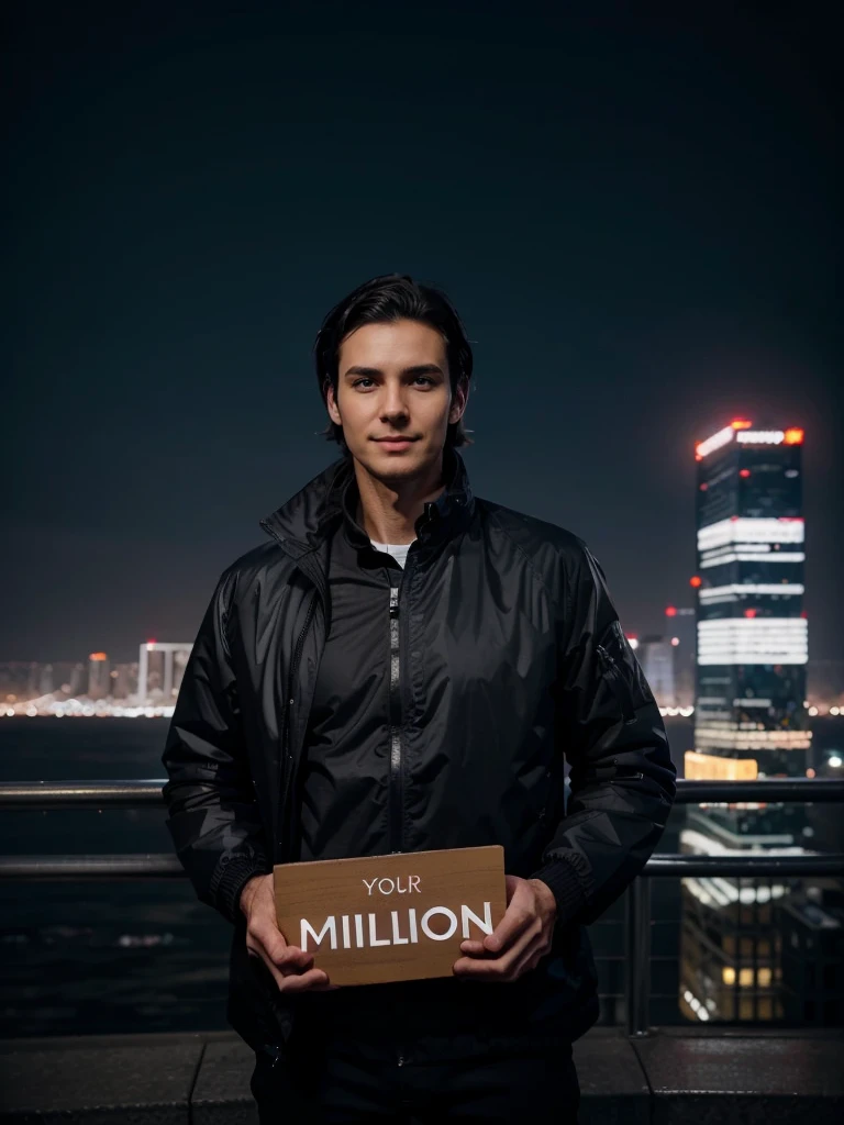 Create high quality photos, tall man with dark hair in a jacket , with dark hair and a slight smile, against the backdrop of the city at night, holding a sign “I choose millions on AI”