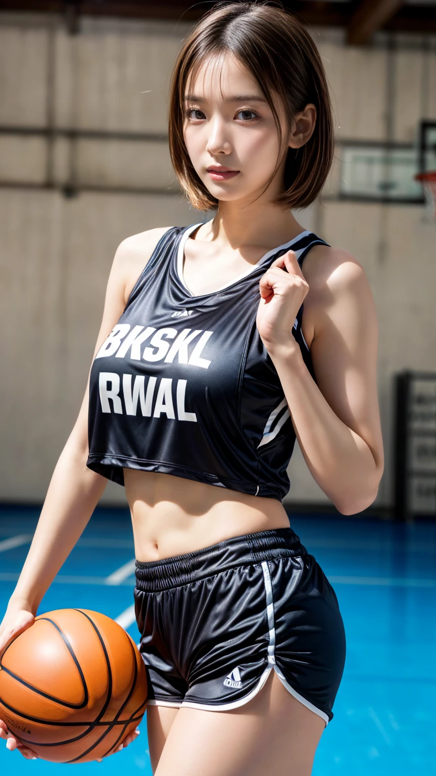 (8K, RAW Photos, Highest quality, masterpiece:1.2), masterpiece, super detailed, super high quality, (Realistic and photorealistic photography:1. 37), High-resolution RAW color photos, Very delicate and beautiful, highly detailed, 8k wallpaper, wonderful, detailed, Very eye, very detailed, very detailed skin, very thin fingers, very detailed nose, very detailed mouth, Perfect Anatomy, BREAK,18 year old girl, very short hair, huge breasts, colossal tits, (perfect body shape:1.1), Big Natural Color Lip, (Details High quality, realistic depiction of eyes:1.3), BREAK, (basketball sportswear, sporty short pants:1.2), play basketball, BREAK, (gymnasium:1.2), bold sexy pose, hposing Gravure Idol, full body photo