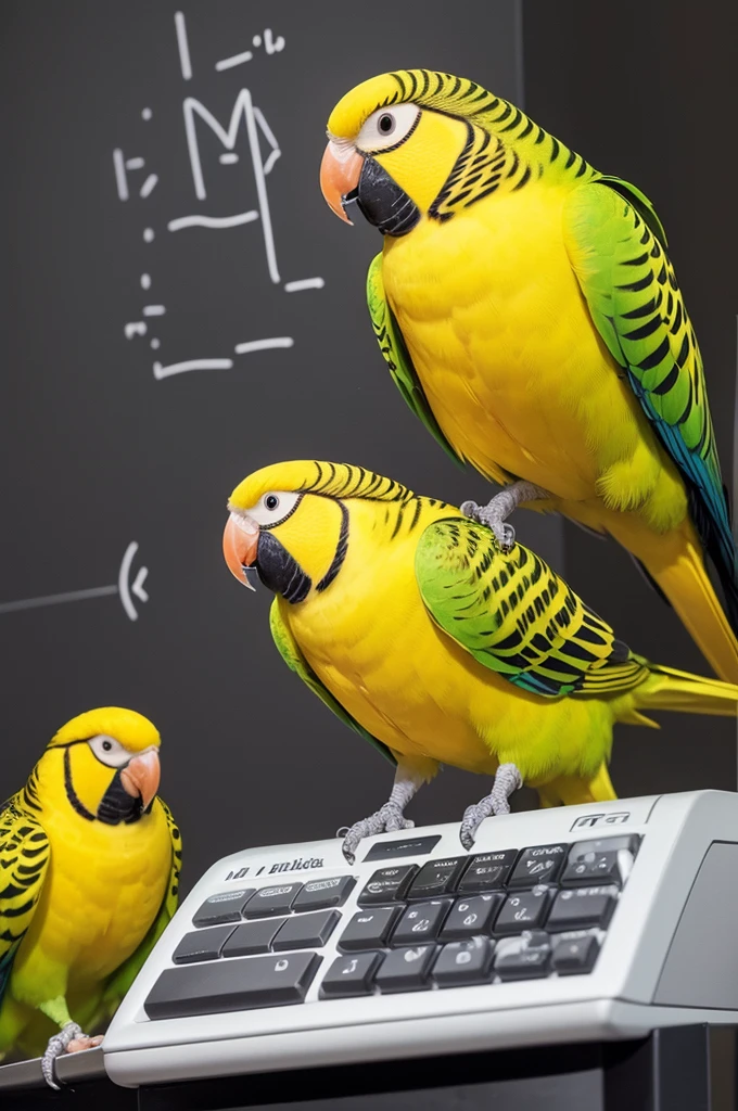 I need a mascot (a yellow parakeet) and he must be holding a calculator, should have math symbols around it