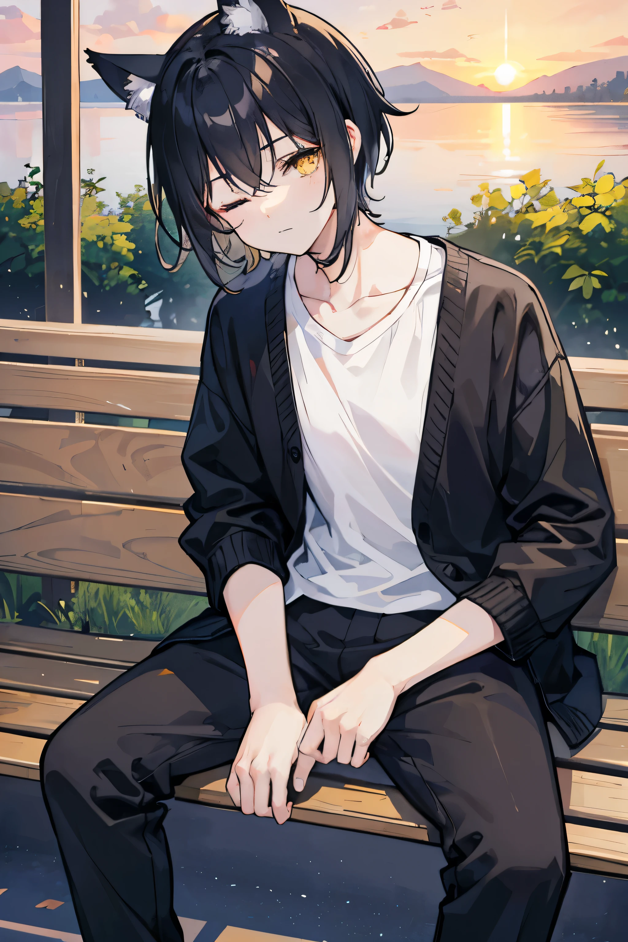 evening、Sunset、lake、Square、bench、Cat ear、Black short hair、Yellow Eyes、One eye closed、Black cardigan、White T-shirt、Black trousers、Are sleeping、Male high school student、male