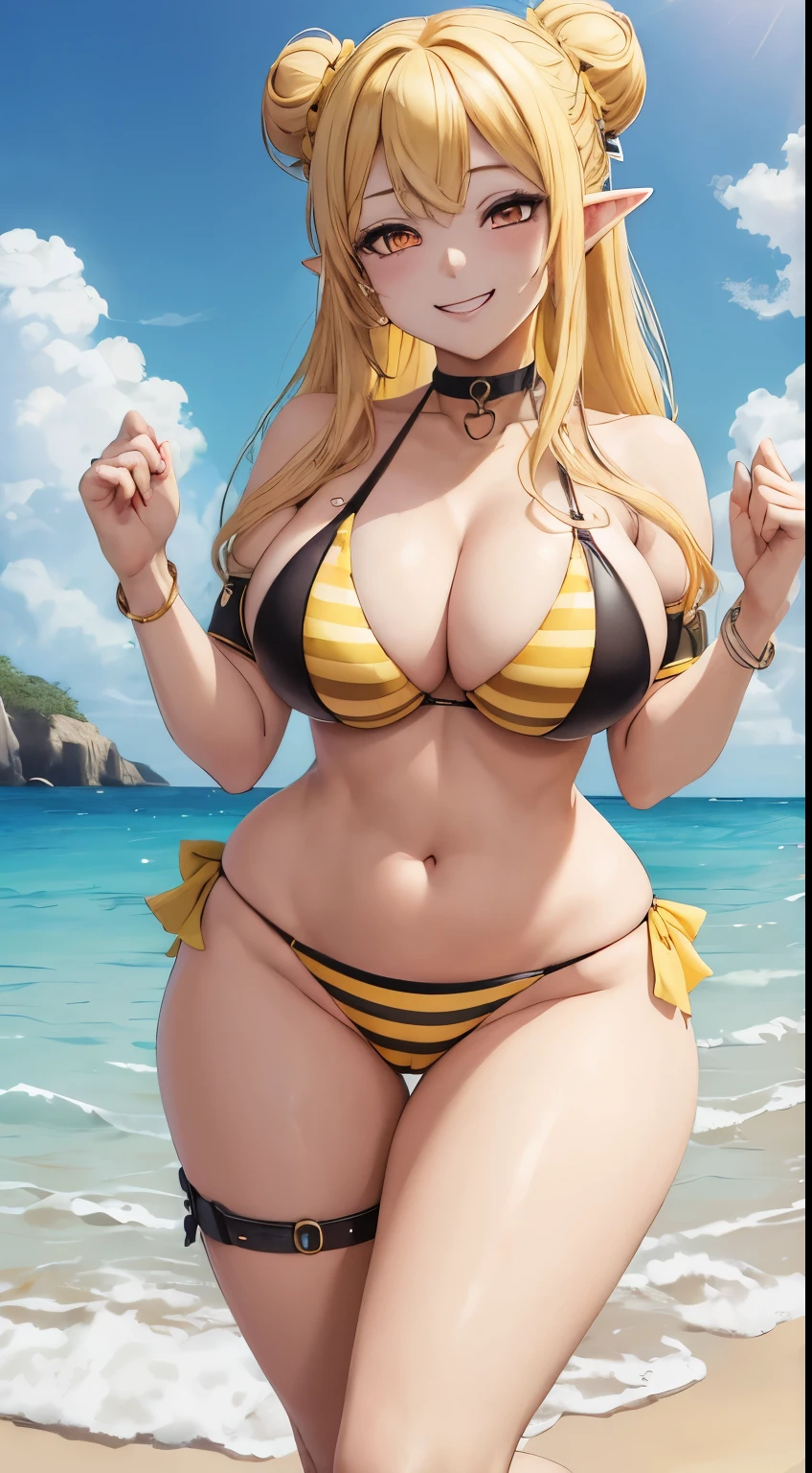 masterpiece, best quality, highres, ((Slim thicc waifu:1.3)), large breasts, elf, pink eyes, pink hair, (black choker), (yellow striped bikini), jewelry, cowboy shot, standing, beach, smile, hands on face, hearts