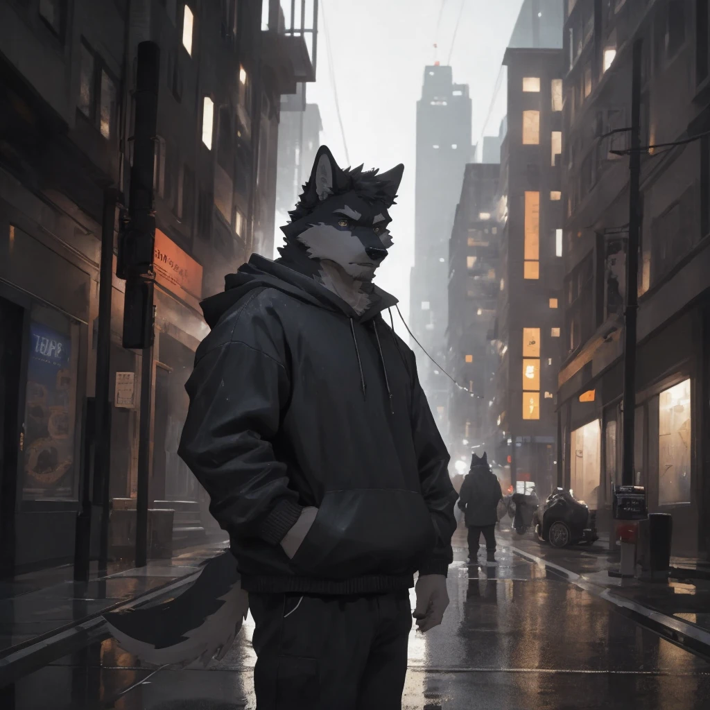 Male, males, wolf, black fur, white fur, short hair, 20 years old, hoodie, night, public, city streets, Lamborghini Aventador, rain, water drops, dramatic effect, dramatic light, shadow, shade, higlight, high quality, high details, High detailed image, high quality image, Very detailed shadows, high detail shadows, high details 