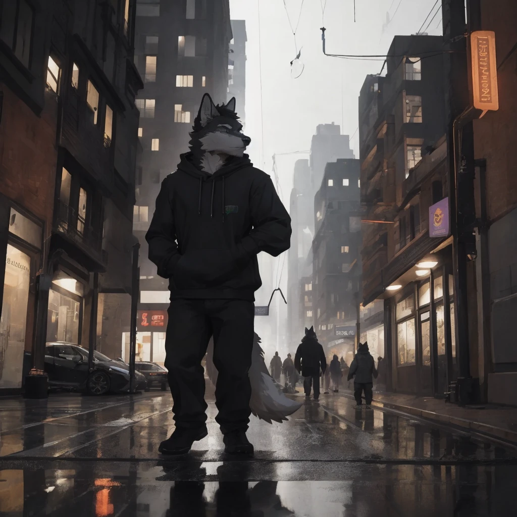 Male, males, wolf, black fur, white fur, short hair, 20 years old, hoodie, night, public, city streets, Lamborghini Aventador, rain, water drops, dramatic effect, dramatic light, shadow, shade, higlight, high quality, high details, High detailed image, high quality image, Very detailed shadows, high detail shadows, high details