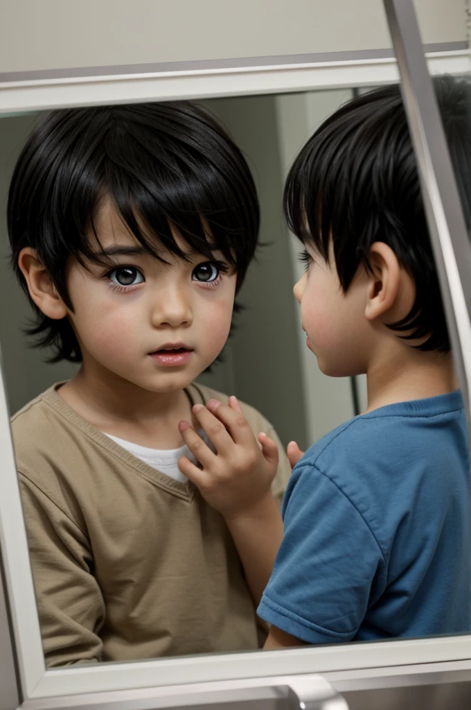 Anime boy eith dark hair and dark eyes looking at his reflection with a shocked impression