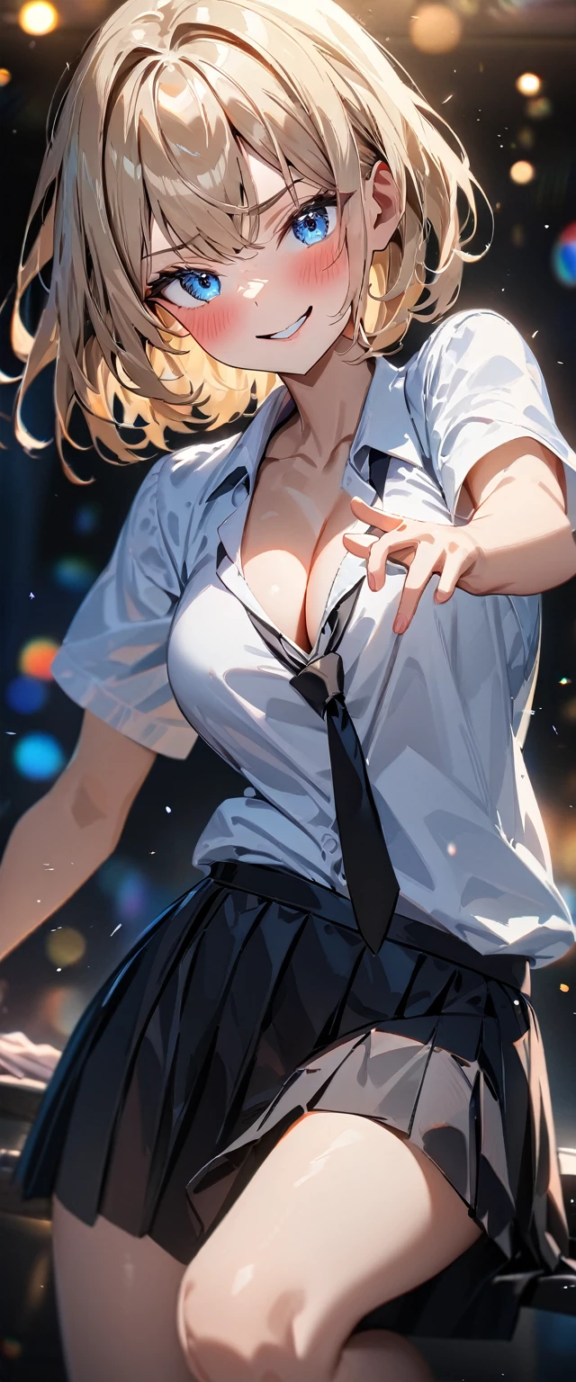 (((One girl))), blond hair, bob cut, (cowboy shot), (looking at viewer), face in focus, breasts, ager, head tilt:1.3, (((blue eye))), ((evil smile)), ((blush)), school summer uniform, white shirts, ((black tie)), black skirt, dynamic pose, cleavage, anime style, (best quality, 4k, 8k, highres, masterpiece:1.2, ultra-detailed, ultra-detailed eyes, HDR, UHD, studio lighting, ultra-fine painting, sharp focus, physically-based rendering, extreme detail description, professional, vivid colors, bokeh)