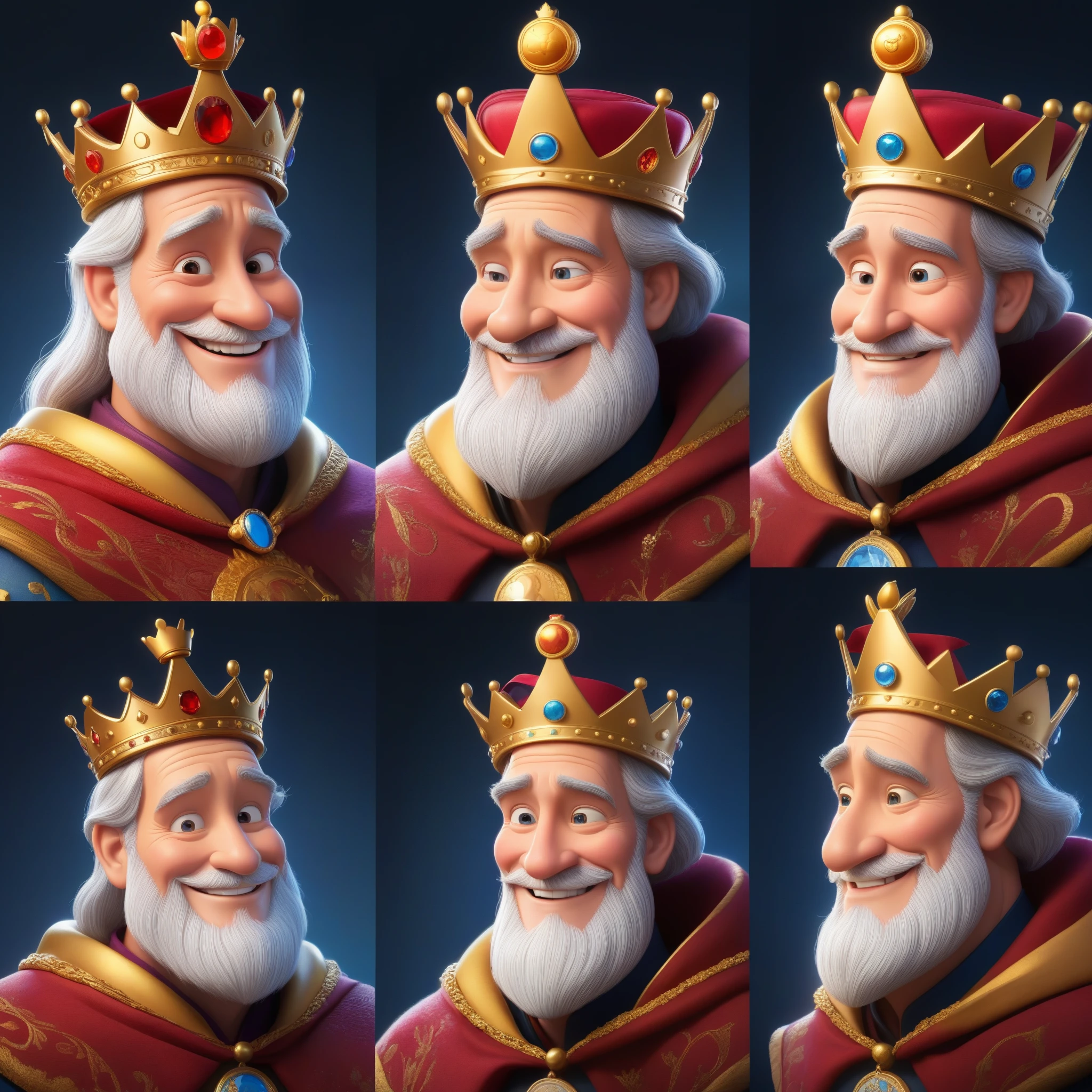 The character is somewhat inspired by Disney Pixar, he wears a crown, smiles, look at me, old man, the character in profile and full face, two images of the same king, (The king holds a coin with his image)