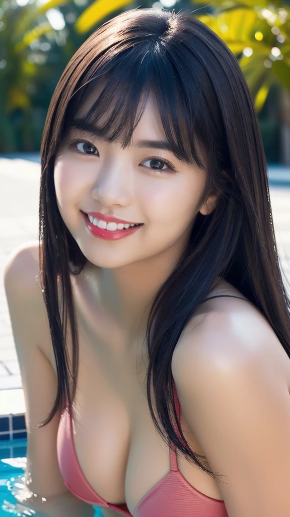 (Highest quality、masterpiece、、Best image quality、Hyperrealism、Award-winning works)、1 Girl、((Whole body image))、Soft indirect lighting、Soft and delicate light、Romantic lighting、Great cinema lighting、(The most beautiful smile is looking at me:1.1、Accurate anatomy、beautiful Glossy Lipstick, Natural Color、Natural Makeup、Glossy Lips、Ultra HD glossy skin、ultra-high definition radiation, beautiful Skin、Moisturized, beautiful skin、beautiful, Glowing Skin、Ultra-high definition glossy lips、Ultra HD Shining Eyes、smile、Pool、tracing:1.3)、(Detailed lighting、Highly detailed skin、Highly detailed hair、Shadow、8K)、Look at the people watching、(High key lighting)、masterpiece、Highest quality、Highest quality、Official Art、 wallpaper、High resolution、超High resolution、Super detailed、Beautiful and aesthetic