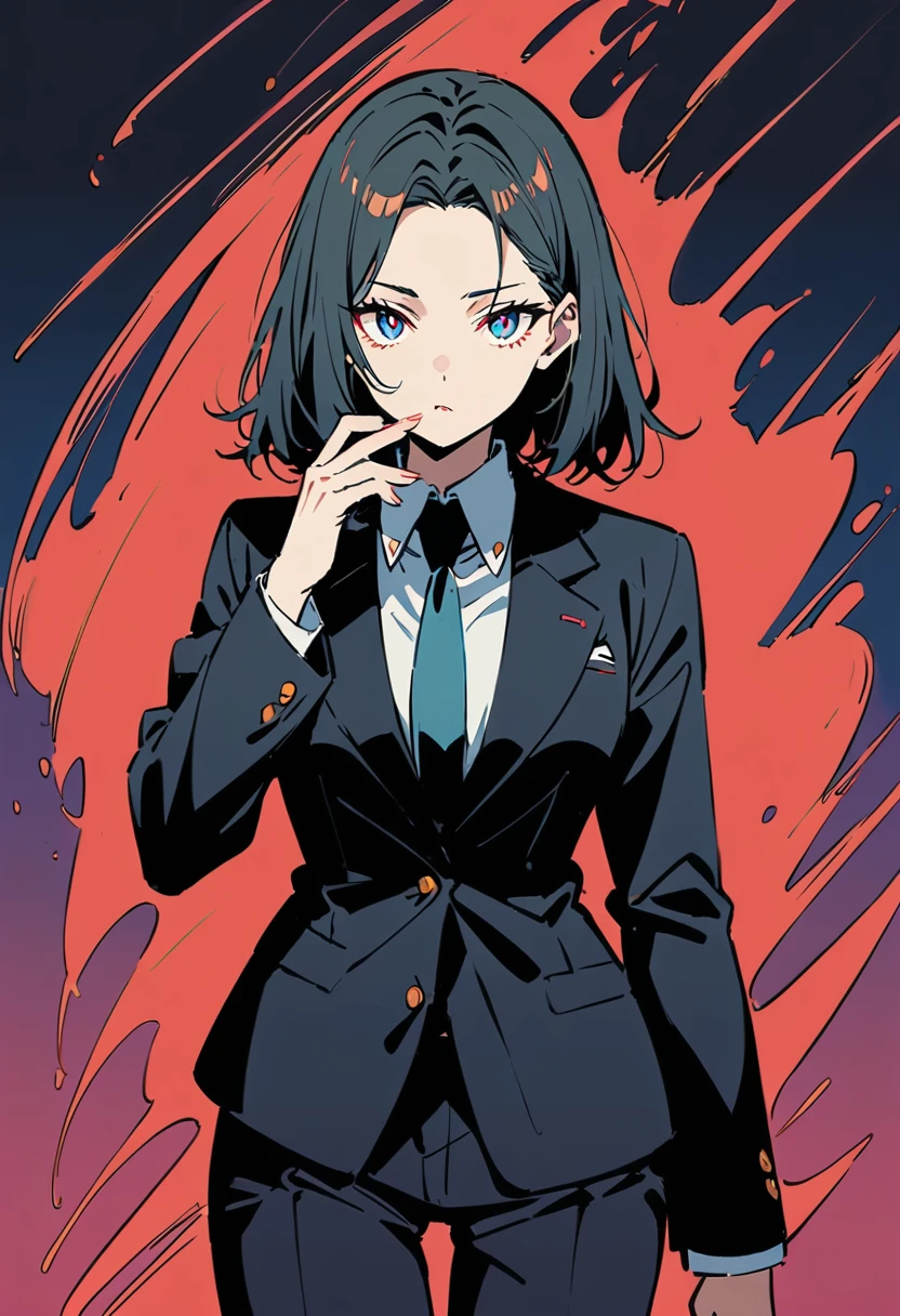 a woman in a suit, looking at viewer with sharp eyes, she is smoking, beautiful, blue eyes and short, black hair, hair bangs on the forehead, front view